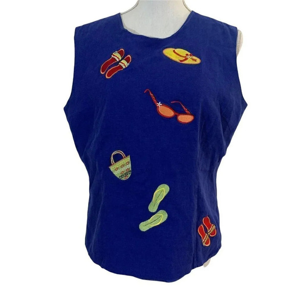 Blue Dressbarn Blouse with Embroidered Flip Flops Button Up Womens 14 Vintage - Picture 1 of 9